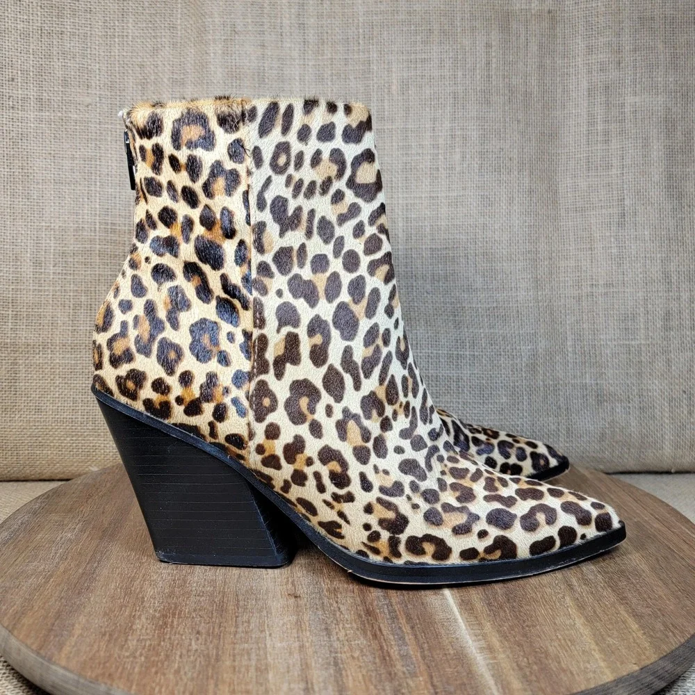 Dolce Vita Ankle Boots Leopard Print Calf Hair Pointed Toe Block Heel Women 9.5